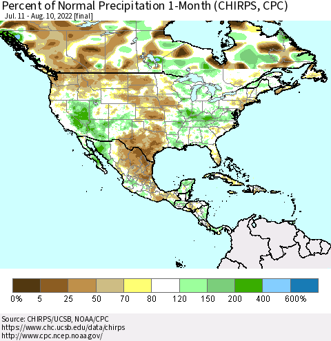 North America Percent of Normal Precipitation 1-Month (CHIRPS) Thematic Map For 7/11/2022 - 8/10/2022