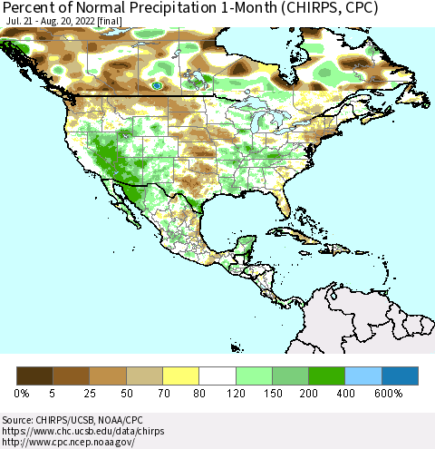 North America Percent of Normal Precipitation 1-Month (CHIRPS) Thematic Map For 7/21/2022 - 8/20/2022