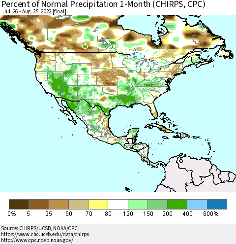 North America Percent of Normal Precipitation 1-Month (CHIRPS) Thematic Map For 7/26/2022 - 8/25/2022