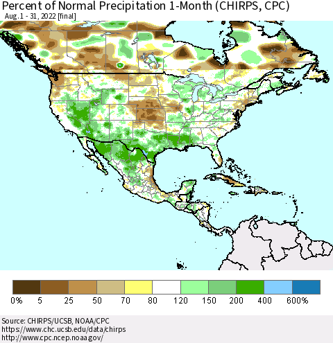 North America Percent of Normal Precipitation 1-Month (CHIRPS) Thematic Map For 8/1/2022 - 8/31/2022