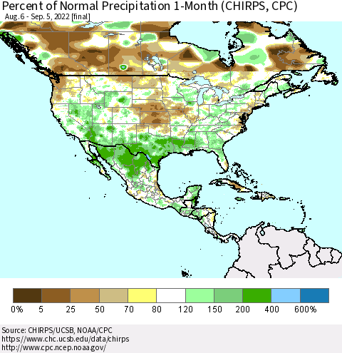 North America Percent of Normal Precipitation 1-Month (CHIRPS) Thematic Map For 8/6/2022 - 9/5/2022