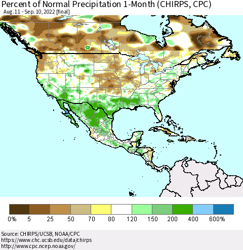 North America Percent of Normal Precipitation 1-Month (CHIRPS) Thematic Map For 8/11/2022 - 9/10/2022