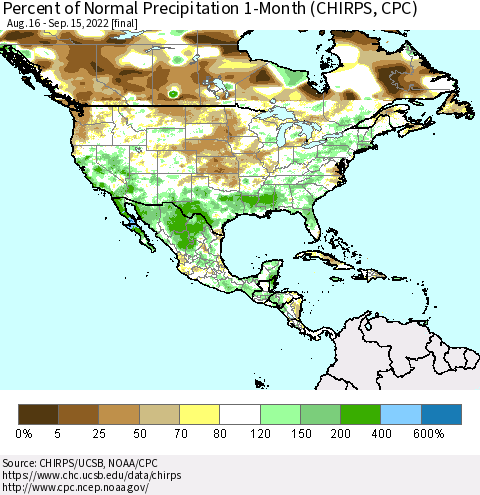 North America Percent of Normal Precipitation 1-Month (CHIRPS) Thematic Map For 8/16/2022 - 9/15/2022