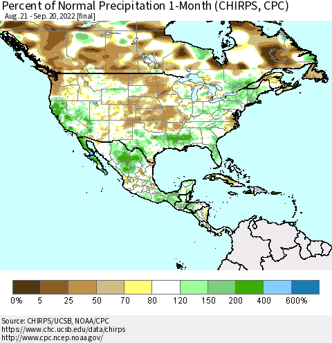 North America Percent of Normal Precipitation 1-Month (CHIRPS) Thematic Map For 8/21/2022 - 9/20/2022