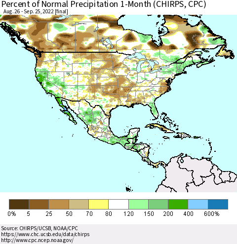 North America Percent of Normal Precipitation 1-Month (CHIRPS) Thematic Map For 8/26/2022 - 9/25/2022