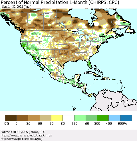 North America Percent of Normal Precipitation 1-Month (CHIRPS) Thematic Map For 9/1/2022 - 9/30/2022