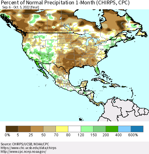 North America Percent of Normal Precipitation 1-Month (CHIRPS) Thematic Map For 9/6/2022 - 10/5/2022