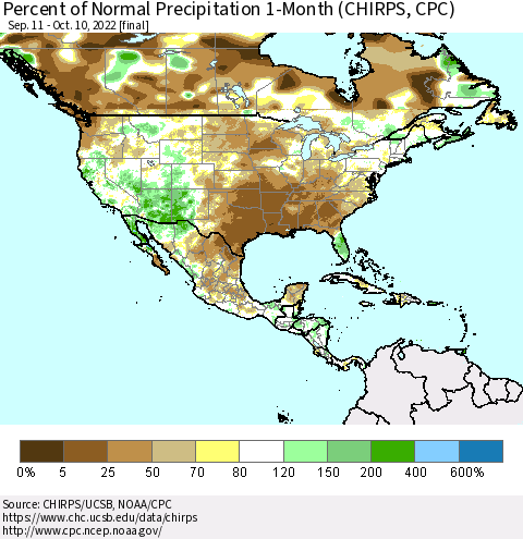 North America Percent of Normal Precipitation 1-Month (CHIRPS) Thematic Map For 9/11/2022 - 10/10/2022