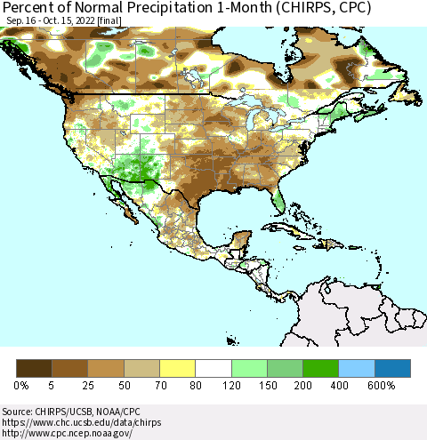 North America Percent of Normal Precipitation 1-Month (CHIRPS) Thematic Map For 9/16/2022 - 10/15/2022