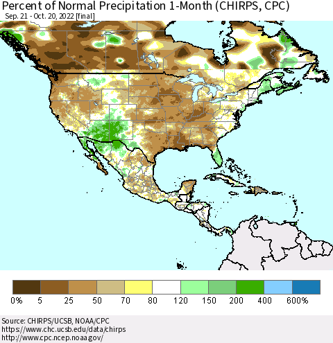 North America Percent of Normal Precipitation 1-Month (CHIRPS) Thematic Map For 9/21/2022 - 10/20/2022