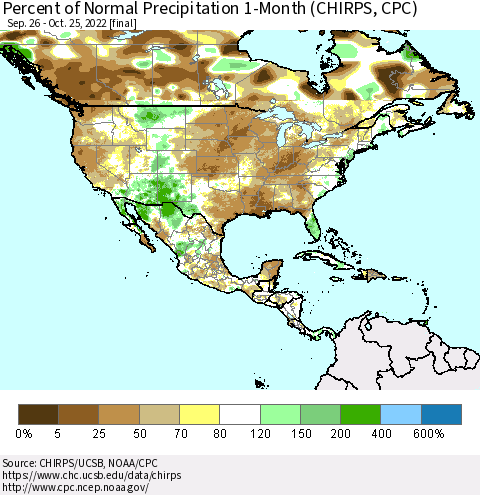 North America Percent of Normal Precipitation 1-Month (CHIRPS) Thematic Map For 9/26/2022 - 10/25/2022