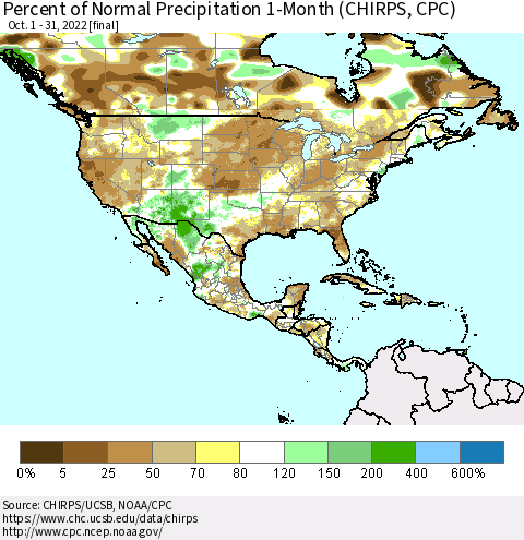 North America Percent of Normal Precipitation 1-Month (CHIRPS) Thematic Map For 10/1/2022 - 10/31/2022
