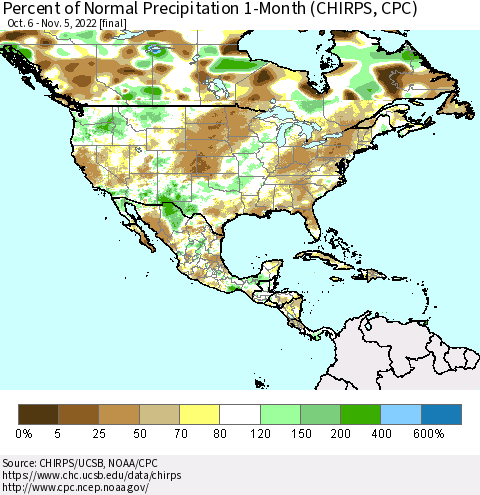 North America Percent of Normal Precipitation 1-Month (CHIRPS) Thematic Map For 10/6/2022 - 11/5/2022
