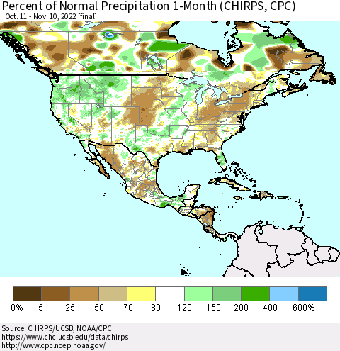 North America Percent of Normal Precipitation 1-Month (CHIRPS) Thematic Map For 10/11/2022 - 11/10/2022