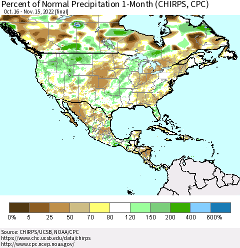 North America Percent of Normal Precipitation 1-Month (CHIRPS) Thematic Map For 10/16/2022 - 11/15/2022