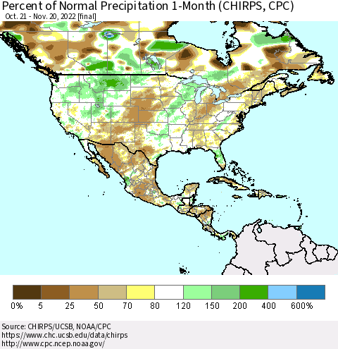 North America Percent of Normal Precipitation 1-Month (CHIRPS) Thematic Map For 10/21/2022 - 11/20/2022
