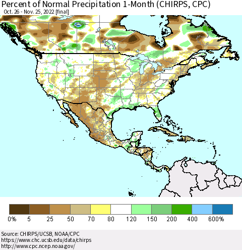 North America Percent of Normal Precipitation 1-Month (CHIRPS) Thematic Map For 10/26/2022 - 11/25/2022