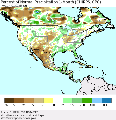 North America Percent of Normal Precipitation 1-Month (CHIRPS) Thematic Map For 11/1/2022 - 11/30/2022