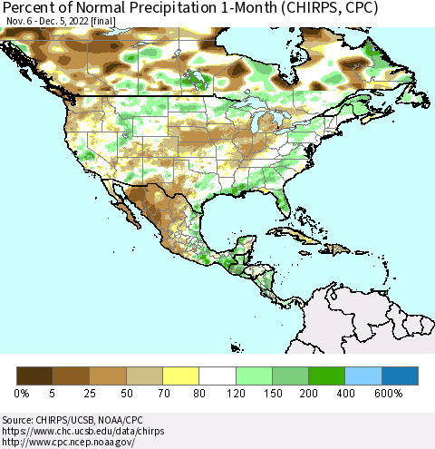 North America Percent of Normal Precipitation 1-Month (CHIRPS) Thematic Map For 11/6/2022 - 12/5/2022