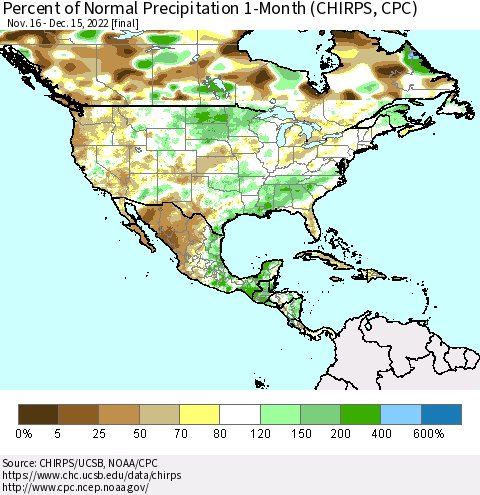 North America Percent of Normal Precipitation 1-Month (CHIRPS) Thematic Map For 11/16/2022 - 12/15/2022