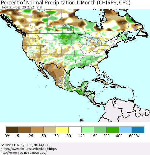North America Percent of Normal Precipitation 1-Month (CHIRPS) Thematic Map For 11/21/2022 - 12/20/2022