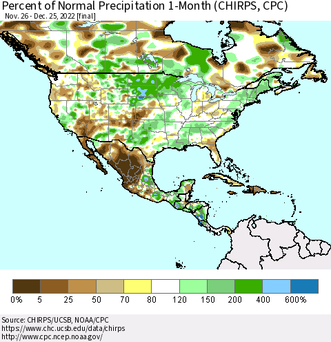 North America Percent of Normal Precipitation 1-Month (CHIRPS) Thematic Map For 11/26/2022 - 12/25/2022