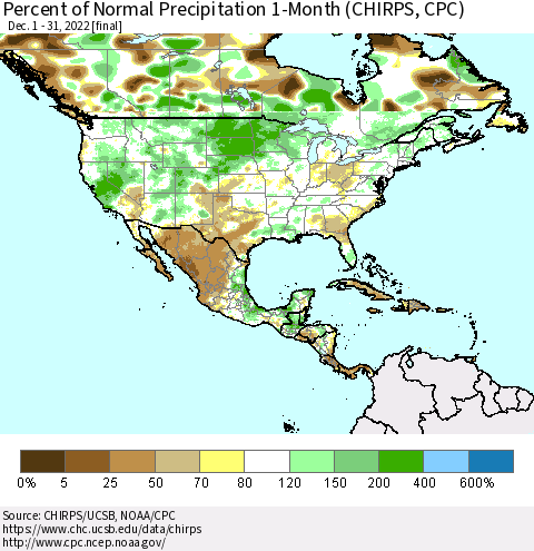 North America Percent of Normal Precipitation 1-Month (CHIRPS) Thematic Map For 12/1/2022 - 12/31/2022