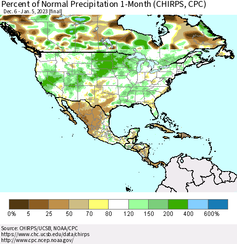 North America Percent of Normal Precipitation 1-Month (CHIRPS) Thematic Map For 12/6/2022 - 1/5/2023
