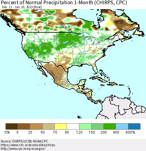 North America Percent of Normal Precipitation 1-Month (CHIRPS) Thematic Map For 12/11/2022 - 1/10/2023