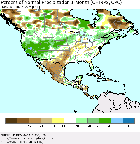 North America Percent of Normal Precipitation 1-Month (CHIRPS) Thematic Map For 12/16/2022 - 1/15/2023