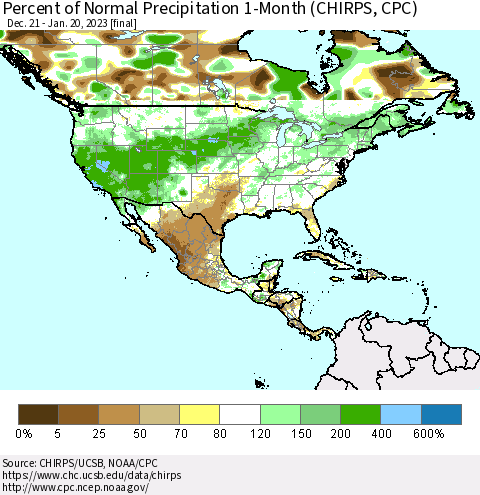 North America Percent of Normal Precipitation 1-Month (CHIRPS) Thematic Map For 12/21/2022 - 1/20/2023