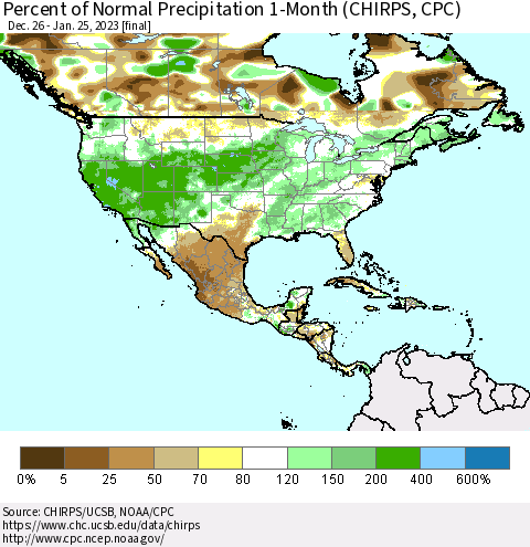 North America Percent of Normal Precipitation 1-Month (CHIRPS) Thematic Map For 12/26/2022 - 1/25/2023