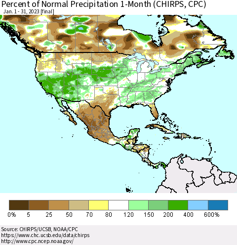 North America Percent of Normal Precipitation 1-Month (CHIRPS) Thematic Map For 1/1/2023 - 1/31/2023