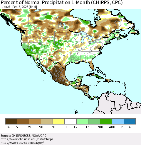 North America Percent of Normal Precipitation 1-Month (CHIRPS) Thematic Map For 1/6/2023 - 2/5/2023
