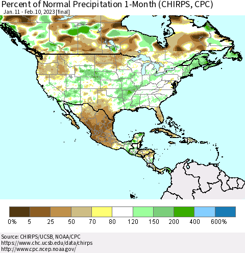 North America Percent of Normal Precipitation 1-Month (CHIRPS) Thematic Map For 1/11/2023 - 2/10/2023