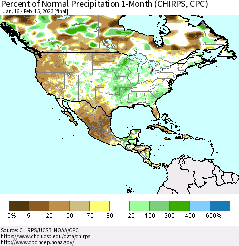 North America Percent of Normal Precipitation 1-Month (CHIRPS) Thematic Map For 1/16/2023 - 2/15/2023