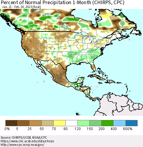 North America Percent of Normal Precipitation 1-Month (CHIRPS) Thematic Map For 1/21/2023 - 2/20/2023