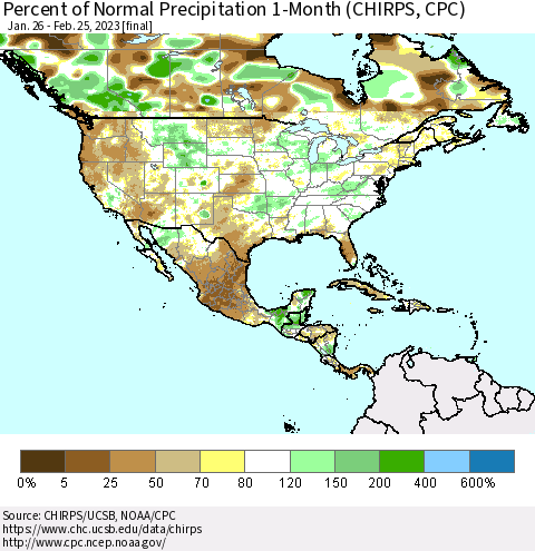 North America Percent of Normal Precipitation 1-Month (CHIRPS) Thematic Map For 1/26/2023 - 2/25/2023