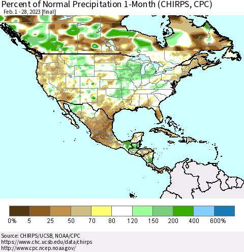 North America Percent of Normal Precipitation 1-Month (CHIRPS) Thematic Map For 2/1/2023 - 2/28/2023