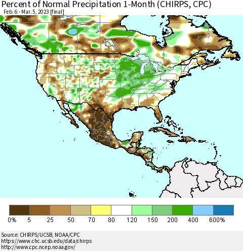 North America Percent of Normal Precipitation 1-Month (CHIRPS) Thematic Map For 2/6/2023 - 3/5/2023