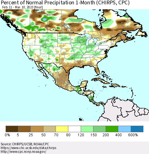North America Percent of Normal Precipitation 1-Month (CHIRPS) Thematic Map For 2/11/2023 - 3/10/2023