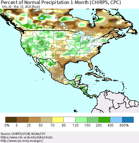 North America Percent of Normal Precipitation 1-Month (CHIRPS) Thematic Map For 2/16/2023 - 3/15/2023