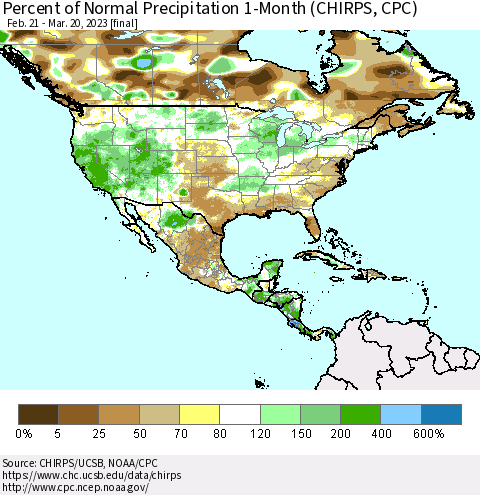 North America Percent of Normal Precipitation 1-Month (CHIRPS) Thematic Map For 2/21/2023 - 3/20/2023