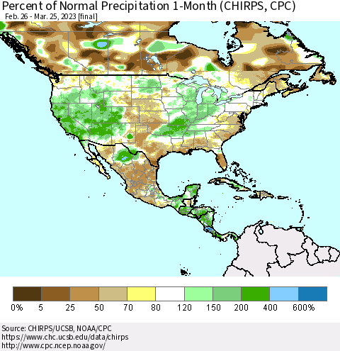 North America Percent of Normal Precipitation 1-Month (CHIRPS) Thematic Map For 2/26/2023 - 3/25/2023