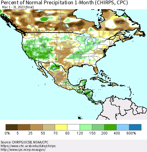 North America Percent of Normal Precipitation 1-Month (CHIRPS) Thematic Map For 3/1/2023 - 3/31/2023