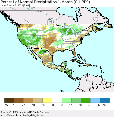 North America Percent of Normal Precipitation 1-Month (CHIRPS) Thematic Map For 3/6/2023 - 4/5/2023