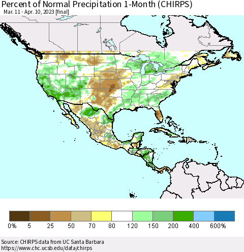 North America Percent of Normal Precipitation 1-Month (CHIRPS) Thematic Map For 3/11/2023 - 4/10/2023