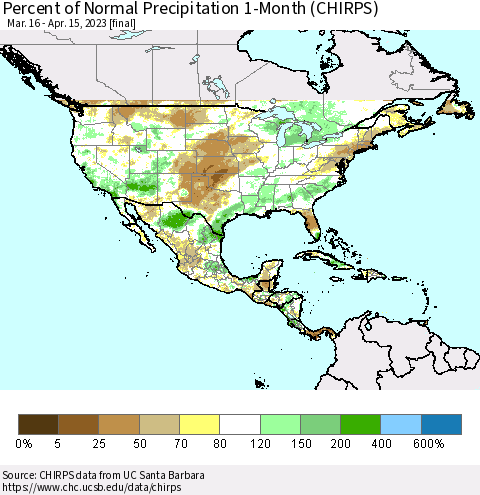 North America Percent of Normal Precipitation 1-Month (CHIRPS) Thematic Map For 3/16/2023 - 4/15/2023