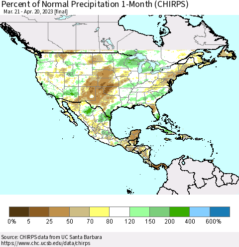 North America Percent of Normal Precipitation 1-Month (CHIRPS) Thematic Map For 3/21/2023 - 4/20/2023