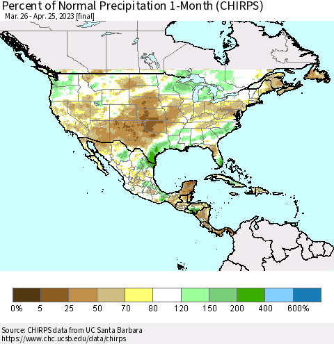 North America Percent of Normal Precipitation 1-Month (CHIRPS) Thematic Map For 3/26/2023 - 4/25/2023